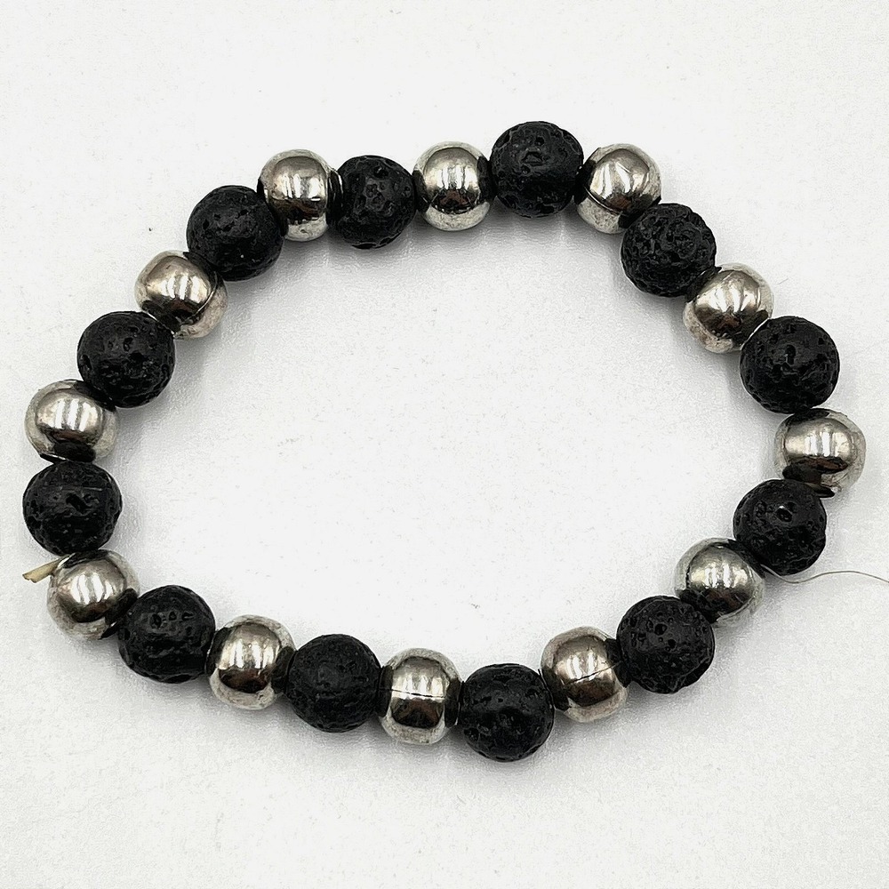 Vintage Lava Rock & Silver Tone Bead Stretch Bracelet Boho Zen Unisex Minimalist
